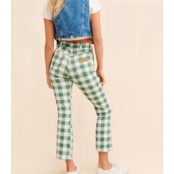 WRANGLER Wrock Gingham Flare Green Checkered Denim Pants Sz 27 - Picture 3 of 5